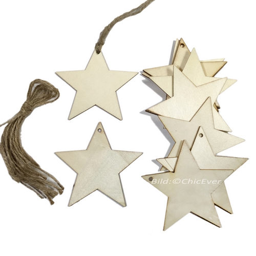 50 Christbaumschmuck Anhänger aus Holz Sterne - zum Schließen ins Bild klicken